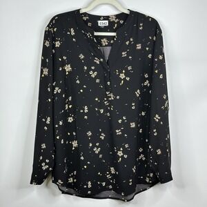 HILARY RADLEY 1640868 BLACK FLORAL V-NECK LONG SLEEVE BLOUSE SZ XL #G595
